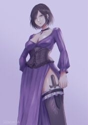 1girls big_breasts black_eyes black_hair black_thighhighs breasts clothed exposed_breasts female octopath_traveler octopath_traveler_2 short_hair thighhighs throne_(octopath_traveler_2) throne_anguis