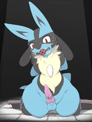 1boy animal_genitalia animal_penis anthro ball_gag bound breathable_gag canine canine_penis cock_ring drooling erection front_view fully_bound furry gag hands_behind_back kimubota knot looking_at_viewer lucario male male_only mammal nintendo penis pokemon pokemon_(species) pokemon_dppt precum saliva sheath solo spreader_bar sweat tears testicles video_games