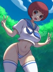 1girls 2hot! blue_panties breasts brown_eyes brown_hair clothing double_peace_sign female female_only hair hips kill_la_kill legwear mankanshoku_mako medium_breasts panties peace_sign sailor_collar sailor_uniform short_hair smile solo solo_female striped_panties thighhighs thighs underwear white_thighhighs