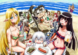 anthro anthro_male arpeggio_el_lalena artist_self-insert beach beer beer_mug big_breasts bikini bozes_co_palesti breasts dark_elf demigoddess dragon_girl drunk elf elf_female food gate_-_jieitai_ka_no_chi_nite_kaku_tatakaeri hamilton_uno_ror itami_youji lelei_la_lalena looking_at_viewer ocean persia_(gate) pina_co_lada_(gate) rory_mercury sao_satoru swimsuit tuka_luna_marceau tyuule wolf_(gate) yao_ha_ducy yao_haa_dushi zorzal_el_caesar