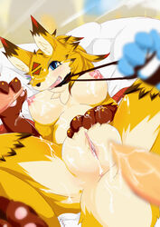 alphina anthro balls big_breasts blue_eyes blush bondage bound breasts canine cum dragoon86 erection female fox fur huge_breasts looking_at_viewer male mammal nipples nude penis smile straight tail_anus