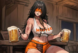 1girls ai_generated alcohol beer black_hair black_lips blindfold breasts bruises cecilia_(paigen) cloth clothed clothes clothing female hooters hooters_uniform horror horror_(theme) large_breasts medium_hair monster_girl noose original original_character paigen pouch rope scratches shirt shorts undead voluptuous
