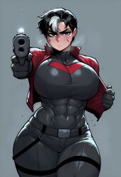 1girl ai_generated batman_(series) big_breasts gun jason_todd rule_63 solo