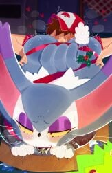 1boy 1girls 2025 ass big_ears blush blushing brown_hair domestic_cat eating_ass eyeless_male feline female female_focus furry grey_body grey_fur grey_hair hat hearts_around_head male mistletoe mistletoe_on_tail nintendo peridraw pokemon pokemon_(species) pokemon_trainer purple_eyeshadow purugly red_eyes ribbon short_hair white_fur yellow_eyes