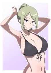 armpits arms_up big_breasts bikini black_bikini blonde_hair cleavage facial_scar female female_only gintama monyamonya78 pale-skinned_female pale_skin ponytail purple_eyes scar scar_across_eye solo tsukuyo