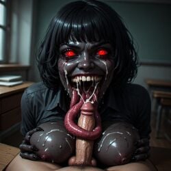 aggressive ai_generated black_hair black_nails blowjob classroom cum cum_in_mouth dark-skinned_female demon demonic_creature dominant_female older_female possessed red_eyes teacher_and_student tongue_out transformation younger_male