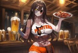 1girls adelheid_(paigen) ai_generated alcohol beer black_sclera bleeding blood breasts brown_hair clothed clothes clothing female food gore hollow_eyes hooters hooters_uniform horror horror_(theme) large_breasts long_hair missing_eye monster_girl original original_character paigen patchwork_skin pouch ribs shirt shorts spine undead yellow_eyes zombie zombie_girl