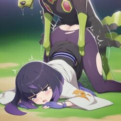 1boy 1girls ai_generated all_fours clothed_sex dress_lift dress_up gloves gwynn_(pokemon) leggings on_hind_legs outdoors parkinson_(ai_artist) pokemon pokemon_legends:_z-a pokephilia purple_eyes purple_hair pussy_juice rape sex sex_from_behind tears top-down_bottom-up torn_clothes torn_leggings torn_legwear zygarde zygarde_10_forme