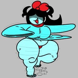 1girls 5_toes aqua_(deltarune) barefoot belly belly_button big_breasts black_hair breasts deltarune dress eyeless fangs feet flashing grey_background hair_over_eyes happy long_sleeves motion_lines navel obscured_eyes open_mouth panties ribbon shortstack signature simple_background smile thick_thighs thighs toes toni_oni