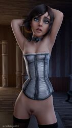 3d armpits arms_up athletic athletic_female bioshock bioshock_infinite blue_eyes breasts brown_hair busty choker coffeeforsnails elizabeth_comstock female female_focus female_only hourglass_figure makeup medium_breasts pinup pinup_pose pussy short_hair tagme vagina wide_hips
