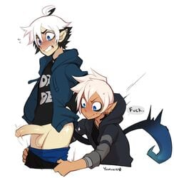 2boys assisted_exposure balls blue_eyes blush duo ear_piercing erection eyeshadow hoodie humanoid humanoid_penis male pants_down pantsing penis piercing smile tail unknown_species white_hair yaoi yuurikin