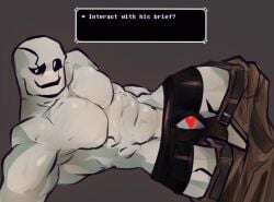 1male bara barazoku belt belt_buckle big_bulge black_sclera briefs bulge bulge_through_clothing bulge_under_clothes cock_peek deltarune gaster gaster_(undertale) heart looking_at_viewer male male_focus male_only monster muscles muscular pants_down shaft text_box undertale visible_penis white_body white_pupils