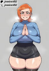 1girl ai_generated alternate_breast_size artist_name ben_10 black_legwear black_skirt black_thighhighs blue_shirt blue_sweater blush breasts clothing covered_navel cowboy_shot curvy ear_piercing earrings english_text female female_only green_eyes grey_background grin gwendolyn_tennyson hair_ornament hairclip high-waist_skirt huge_breasts jennieart02 jewelry large_breasts legs_together legwear long_sleeves looking_at_viewer mature_female medium_hair microskirt miniskirt nervous_smile office_lady orange_hair own_hands_together palms_together patreon patreon_logo patreon_username pencil_skirt piercing plump shiny_skin shirt short_hair simple_background skindentation skirt smile solo standing steaming_body stud_earrings sweat sweater swept_bangs teeth thick_thighs thighhighs thighs turtleneck twitter twitter_logo twitter_username watermark web_address wide_hips
