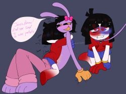 2girls anthro anthro_on_humanoid blushing_female blushing_profusely chimeracocks desperation erection erection_under_clothes female_only frotting fully_clothed grinding_through_clothes jax_(the_amazing_digital_circus) kneeling leash_and_collar leashed_pov lesbian_sex partially_clothed pomni_(the_amazing_digital_circus) pov rabbit sweating teasing the_amazing_digital_circus topless trans_woman transfem whining yuri