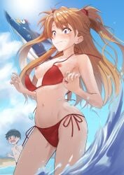 asuka_langley_sohryu beach bikini bikini_bra bikini_top bikini_top_removed blue_eyes bra ocean orange_hair red_hair tagme