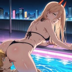 1boy 1girl 1girls ai_generated ass bikini black_bikini breasts chainsaw_man denji_(chainsaw_man) phibsai pool power_(chainsaw_man) pussy tagme