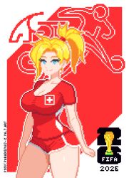 2026 blonde_hair blue_eyes cameltoe dolphin_shorts fifa fifa_soccer fifa_world_cup_trophy flag mercy overwatch paradigma7 pixel_art red_shirt red_shorts shirt shorts soccer_uniform switzerland