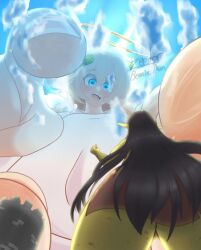 different_sizes giantess looking_down looking_up macro multiple_girls reaching_out size_difference viewed_from_below