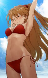 asuka_langley_sohryu blue_sky eyes_closed fanservice orange_hair red_bikini red_hair sasasa_r_23 stretching sun tagme