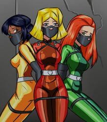 3girls alex_(totally_spies) armbinder arms_behind_back black_hair blonde_hair bodysuit bondage bound bound_arms catsuit clover_(totally_spies) female female_only femsub fully_clothed gag gagged green_clothing green_eyes hourglass_figure lpintol red_clothing red_hair sam_(totally_spies) shiny_clothes slim_waist small_waist tight_clothing totally_spies yellow_clothing