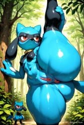 ai_generated anthro anus ass being_watched big_ass big_butt black_body black_fur blue_body blue_fur breasts butt canine furry furrypornaddiction game_freak huge_ass huge_butt leg_up naked nintendo pokemon pokemon_(species) pussy red_eyes riolu size_difference small_breasts stretching tail thick_thighs wide_hips