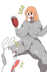 1girls animal ass_visible_through_thighs bestiality black_eyes blonde_hair blush bodysuit bowlegged_pose breasts cameltoe covered_nipples erection female genderswap grey_bodysuit grey_skin hetero huge_breasts huge_nipples imminent_bestiality imminent_zoophilia impossible_clothes long_hair mosaic_censoring navel nipples notice_lines nude open_mouth orange_hair penis personification ponytail puffy_nipples pussy rabbit rhythm_heaven rhythm_heaven_groove sidelocks simple_background skin_tight solid_oval_eyes spread_legs squatting thick_thighs thighs white_background zoophilia