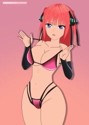 anime anime_character anime_girl anime_style benjatoon bikini bikini_bottom bikini_top cute cute_face cute_female nakano_nino nino_nakano patreon patreon_exclusive patreon_link patreon_logo patreon_reward patreon_url patreon_username pulling_clothing pulling_own_clothes quintessential_quintuplets quintuplets sexy sexy_body sexy_female sexy_pose toubun_no_hanayome