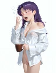 1girl =_= ai-created ai_art ai_generated bottomless cleavage cleft_of_venus closed_eyes coffee covered_nipples fat_mons from_side hand_up holding_cup katsuragi_misato large_breasts mug navel neon_genesis_evangelion open_mouth oversized_shirt partially_unbuttoned partially_undressed purple_hair rinka5693 simple_background single_bare_shoulder single_off_shoulder sleepy solo tongue white_background yawning