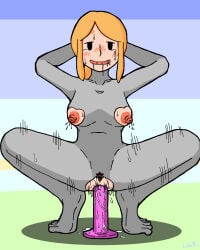 1girl 1girls anal arms_behind_head arms_up bar_censor black_eyes blonde_hair blush bodystocking bodysuit breast_cutout breasts closed_mouth crotch_cutout crotchless dildo dildo_riding female female_masturbation full_body grey_bodysuit heart_cutout huge_dildo long_hair looking_at_viewer masturbation medium_breasts nipple_cutout nippleless_clothes nipples object_insertion pointless_censoring ponytail pussy pussy_juice rhythm_heaven rhythm_heaven_groove sex_toy smile solid_oval_eyes solo spread_legs squatting sweat tiptoes torn_bodysuit torn_clothes vaginal vaginal_object_insertion
