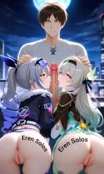 2girls ai_assisted ai_generated ass back_view blowjob blowjob_face boy crossover crossover_sex cum cum_in_mouth cum_on_tongue eren_jaeger firefly_(honkai:_star_rail) hair_ornament honkai:_star_rail honkai_(series) leash looking_at_viewer meme penis penis_on_face powerscaling pussy shingeki_no_kyojin silver_eyes silver_hair silver_wolf_(honkai:_star_rail) threesome white_hair