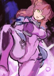 1girl :d absurdres bodysuit breasts commentary_request dated earrings female_villain freckles freckles_on_face from_below ginger ginger_female ginger_hair gloves gluteal_fold green_eyes groin gundam gundam_00 hair_between_eyes highres jewelry large_breasts legs_apart legs_spread long_hair looking_at_viewer mecha_pilot_suit multicolored_bodysuit nena_trinity okrdisk2000 open_mouth pink_bodysuit pink_gloves purple_bodysuit red_hair sidelocks skin_tight smile solo spread_legs standing taut_bodysuit taut_clothes teeth two-tone_bodysuit two_side_up upper_teeth_only villainess yellow_eyes