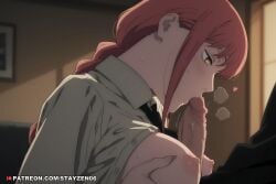 1boy 1girl ai ai_art ai_generated black_necktie blurry blurry_background blush braid braided_ponytail breasts breasts_out breasts_squeezed_together breath chainsaw_man collared_shirt erection fellatio from_side grabbing_own_breast heart hetero indoors kissing_penis large_breasts long_hair long_sleeves makima_(chainsaw_man) medium_breasts necktie nipples open_clothes open_shirt oral orange_eyes paizuri penis profile red_hair ringed_eyes saliva shirt sidelocks solo_focus sweat uncensored upper_body veins veiny_penis white_shirt yellow_eyes