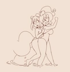 2girls breasts cream_(miu) female miupix monochrome peaches_(miu) shared_clothes swimsuit tagme