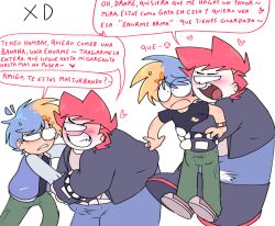 2boys awkward behind_another blonde_hair blue_hair blushing blushing_male clothing cringe gay gay_male grabbing_arm grabbing_from_behind male male/male male_only masturbation oc ocs original original_character pulling_arms red_hair sexual_harassment spanish_dialogue spanish_text touching_self uncomfortable