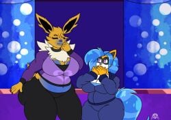 big_breasts blueberry_inflation breasts cleavage eeveelution female furry huge_breasts inflation jolteon mad_n_evil pokemon pokemon_(species) tagme thick_thighs wide_hips
