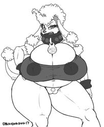 2017 anthro areola big_breasts breasts canine canine cleavage clothed clothing female huge_breasts inverted_nipples mammal navel nipples oblivionrising overweight poodle pubes pussy solo