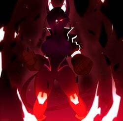 anthro breasts canine color female fire furry glowing glowing_eyes large_breasts looking_at_viewer mammal nipples open_jacket pussy red solo standing yuurikin