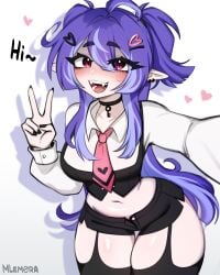 belly blush choker earrings female hairpins meme pink_eyes pointy_ears purple_hair sharp_teeth shorts smile solo teeth_showing text thighs white_background