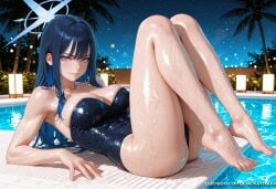 1girl ai_generated ass bangs bare_legs bare_shoulders barefoot black_hair blue_archive blue_eyes blue_hair blush breasts cleavage closed_mouth feet halo kermixx large_breasts legs long_hair looking_at_viewer lying night night_sky one-piece_swimsuit outdoors palm_tree pool poolside reclining saori_(blue_archive) shiny shiny_clothes shiny_skin sky smile solo swimsuit thighs toes tree water wet
