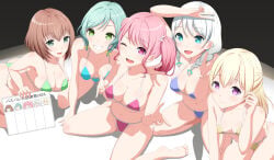 16:9 16:9_aspect_ratio 5girls absurd_res adjusting_hair all_fours aqua_bikini aqua_bikini_bottom aqua_bikini_top aqua_hair arm_behind_back arm_on_head arm_support arm_up ass bang_dream! bang_dream!_girls_band_party! bare_shoulders barefoot belly bikini blonde_hair blue_eyes board braids breasts brown_hair closed_mouth collarbone covered_nipples double-parted_bangs double_v ears eyebrows_visible_through_hair female female_focus female_only from_above gradient_background green_bikini green_bikini_bottom green_bikini_top green_eyes grey_background groin hair_bow half_updo hand_on_floor hand_on_hair hand_on_head hands_on_floor japanese_text kneeling landscape long_hair looking_at_viewer lower_teeth medium_breasts medium_hair micro_bikini micro_bikini_bottom micro_bikini_top multiple_girls navel one_eye_closed open_mouth pastel_palettes_(bang_dream!) photoshop pink_bikini pink_bikini_bottom pink_bikini_top pink_eyes pink_hair pointing purple_bikini purple_bikini_bottom purple_bikini_top purple_eyes sagging_breasts shadow short_hair side_braid simple_background sitting sitting_on_stage smile stage stage_lights straight_hair string_bikini string_bikini_bottom string_bikini_top swept_bangs teeth thighs third-party_edit thong_bikini thong_bikini_bottom tied_hair twin_braids twintails upper_teeth v_sign wariza white_board white_hair whiton44 wink winking winking_at_viewer wispy_bangs yellow_bikini yellow_bikini_bottom yellow_bikini_top