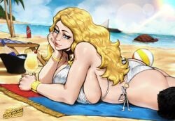 1girls absurdres alcohol artist_name ass ball_(object) beach beach_ball beach_chair beach_towel beachball bikini blonde_hair blue_eyes boat bracelet breasts cherry choker depth_of_field eyebrows eyelashes female food fruit fur_hat gold_bracelet hat highres ice jewelry kolin_(street_fighter) lens_flare lips liquor long_hair lying o-ring o-ring_bikini ocean on_stomach palm_tree pina_colada pineapple sand sideboob solo spunkyramaz straw street_fighter street_fighter_v surfboard swimsuit tagme thick_lips thick_thighs thighs tinted_eyewear towel tree turtle watercraft wavy_hair white_bikini wide_hips