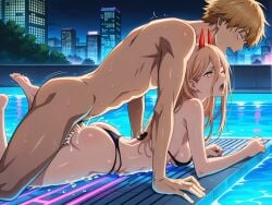 1boy 1girl 1girls ai_generated ass barefoot bikini black_bikini blonde_hair chainsaw_man clothed_female_nude_male clothed_sex cum cum_in_pussy cum_inside denji_(chainsaw_man) dick_in_ass legs legs_up male/female nude_male nude_male_clothed_female open_mouth penetration penis phibsai power_(chainsaw_man) prone_bone same_age sex tagme