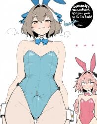 2boys ai_generated animal_ears ass_visible_through_thighs astolfo_(fate) bangs bare_shoulders blue_bow blue_bowtie blue_leotard blush bow bowtie braid brown_eyes brown_hair bulge closed_mouth cowboy_shot detached_collar erection erection_under_clothes fake_animal_ears fang felix_argyle femboy femboysub hair_between_eyes hair_bow hair_intakes hair_ribbon leotard long_hair looking_at_viewer male_focus male_playboy_bunny multicolored_hair multiple_boys otoko_no_ko pantyhose picklepumper pink_hair pink_leotard playboy_bunny rabbit_ears ribbon short_hair simple_background single_braid skin_fang smile strapless strapless_leotard streaked_hair sweat tagme white_background wrist_cuffs