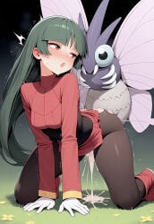 1boy 1girls ai_generated all_fours black_hair blush boots clothed_sex cum cum_drip cum_inside cum_pool gloves kneeling looking_back open_mouth outdoors parkinson_(ai_artist) partially_clothed pokemon pokemon_rgby pokephilia red_eyes sabrina_(pokemon) sex sex_from_behind torn_clothes torn_legwear venomoth