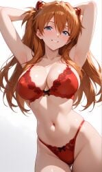 abdomen ai_generated arms_up asuka_langley_sohryu big_breasts blue_eyes breasts cleavage curvy_female erect_nipples evangelion hips long_hair looking_at_viewer mature_female navel neon_genesis_evangelion pixai red_bra red_hair red_lace red_lingerie red_thong seductive_look smile waist white_background