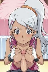 1girl1boy 1girls ai_generated animated bakugan between_breasts blush boobjob clothing exposed_breasts fingerless_gloves hands_on_breasts julie_makimoto looping_animation nervous nipples penis pinku.ai ponytail puffy_nipples squeezing_breast straight tagme video white_hair