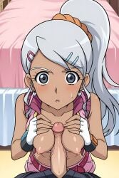 1girl1boy 1girls ai_generated bakugan between_breasts blush boobjob clothing exposed_breasts fingerless_gloves hands_on_breasts hetero julie_makimoto nervous nipples penis pinku.ai ponytail puffy_nipples squeezing_breast white_hair