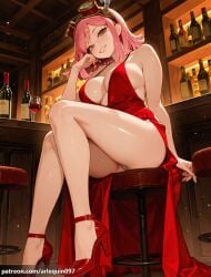 1girl ai_generated alcohol arlequin097 bar_(place) bar_stool bare_arms bare_legs bare_shoulders boku_no_hero_academia bottle breasts cleavage cup dress drinking_glass from_below full_body goggles goggles_on_head grin hatsume_mei high_heels indoors knees_together_feet_apart large_breasts legs looking_at_viewer medium_hair mei_hatsume my_hero_academia panties pantyshot parted_lips pink_hair red_dress red_footwear short_hair side_slit sitting sleeveless sleeveless_dress smile solo stool strappy_heels thighs underwear white_panties wine wine_bottle wine_glass yellow_eyes