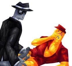 blush chance_(forsaken) covering_face elliot_(forsaken) erection fedora forsaken_(roblox) frottage genital_piercing glasses jacket male/male open_shirt penis penis_rubbing piercing roblox smirk visor