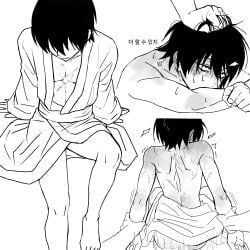 2boys anal anal_sex arm_grab arms_held_back blush from_behind gay gintama hair_grab kimono male male_only monochrome motion_lines scar scars solo_focus sweat twink yamazaki_sagaru yaoi